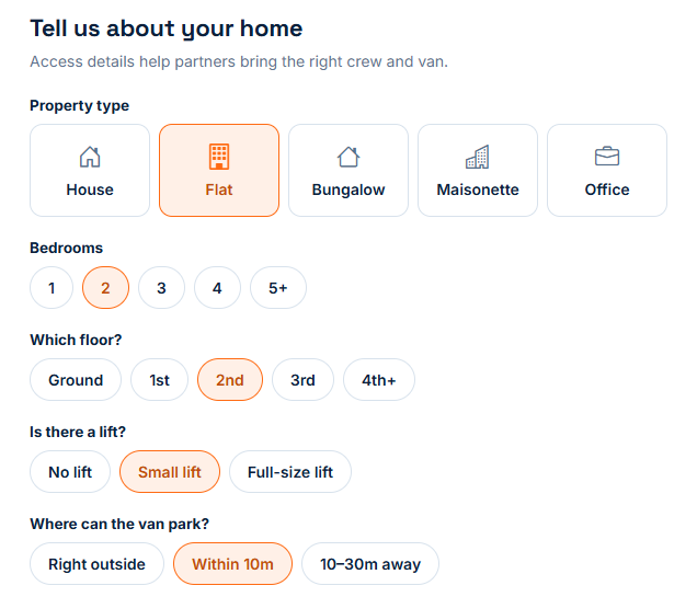 The AnQ new-move form asking about your home: property type, bedrooms, floor, lift and parking.