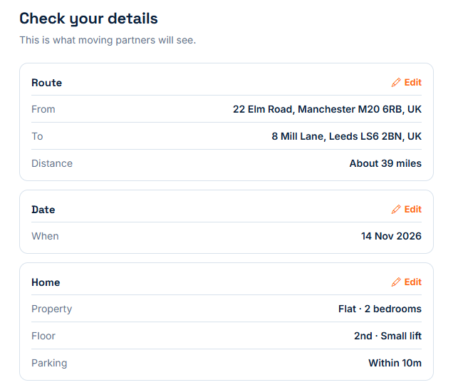 A structured move summary: route, distance, date, property, floor and parking.