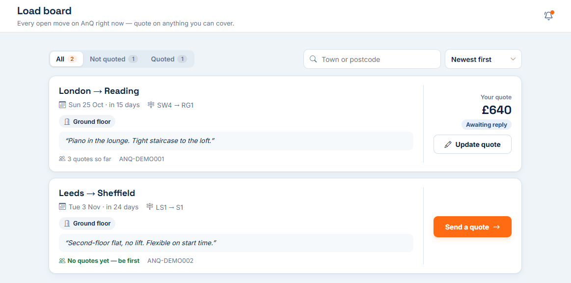 The Partner app's load board listing open moves with how many quotes each has had so far.