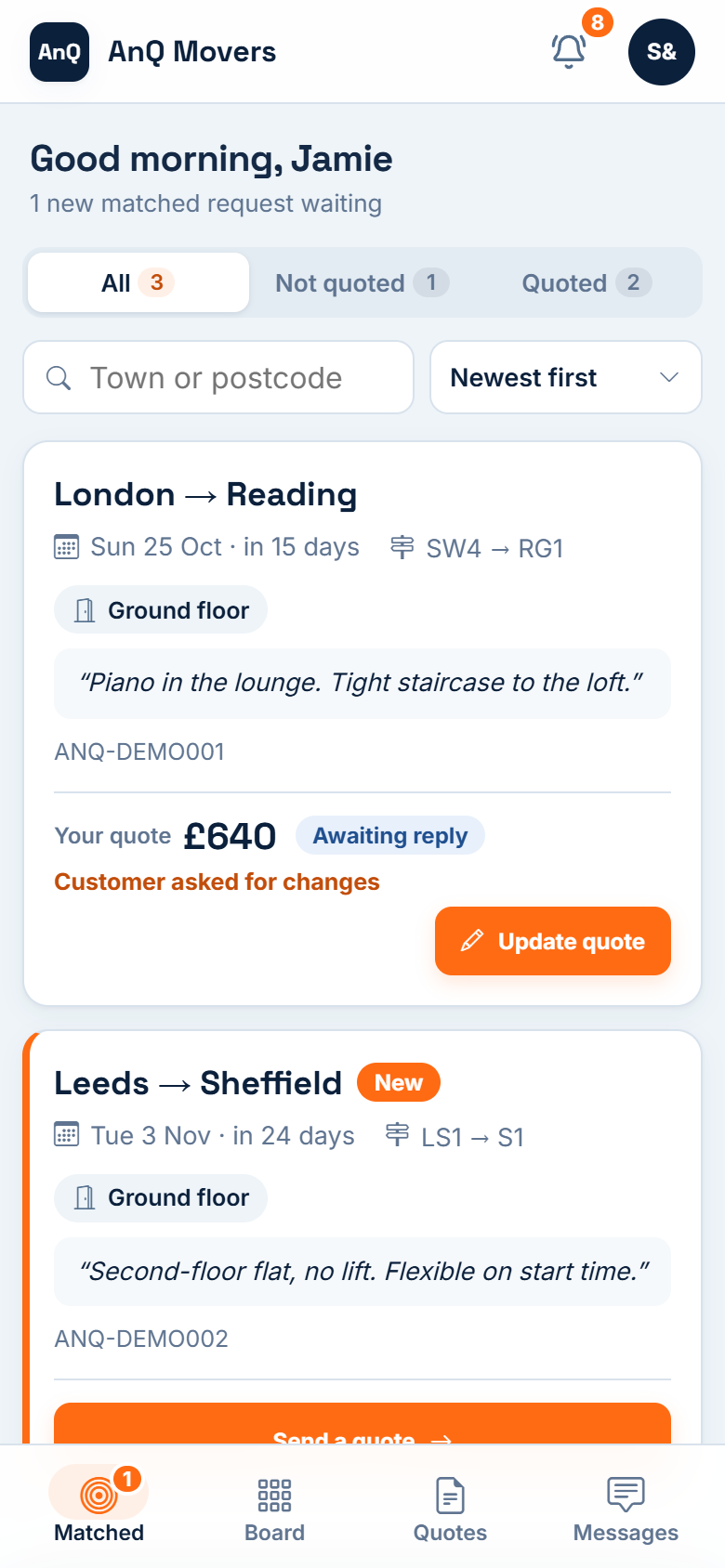 The Partner app on a phone showing a new matched request.