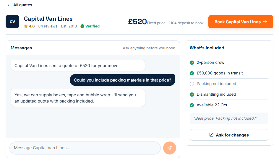 A single quote in AnQ with a message thread and a list of what's included.
